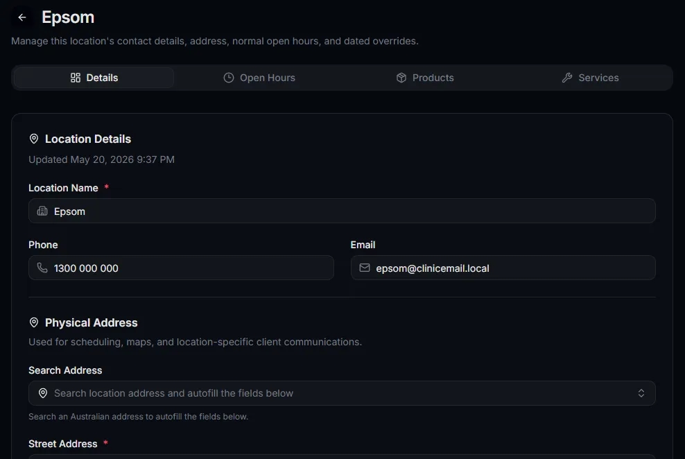 Business locations list showing multiple sites each with their own address, time zone, and open hours settings